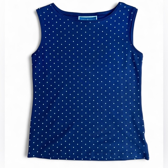 Karen Scott Womens Blue Sleeveless White Polka Dot Preppy Euro Summer Tank Top - Picture 1 of 7